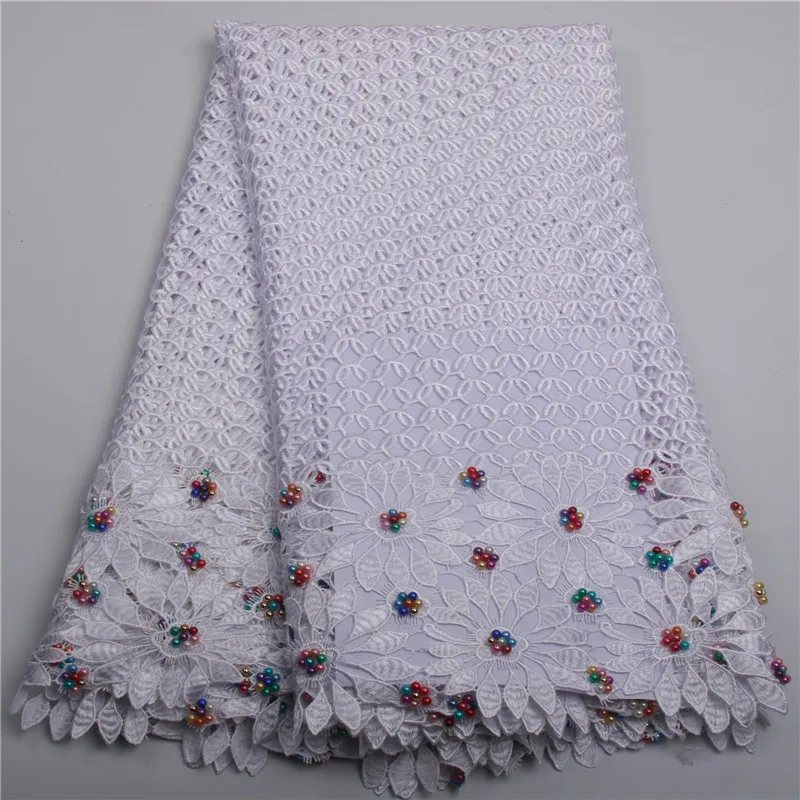 

White african cord lace fabrics high quality for women dress 2016 latest guipure lace fabric with beads AMY212B-2 nigerian