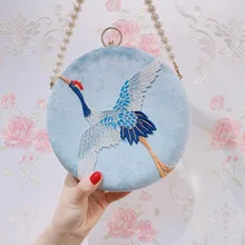 Bolso bordado de ave redondo Vintage estilo estrellado Correa con perlas hombro bolsa azul claro terciopelo bolsa nueva crema monederos de fiesta