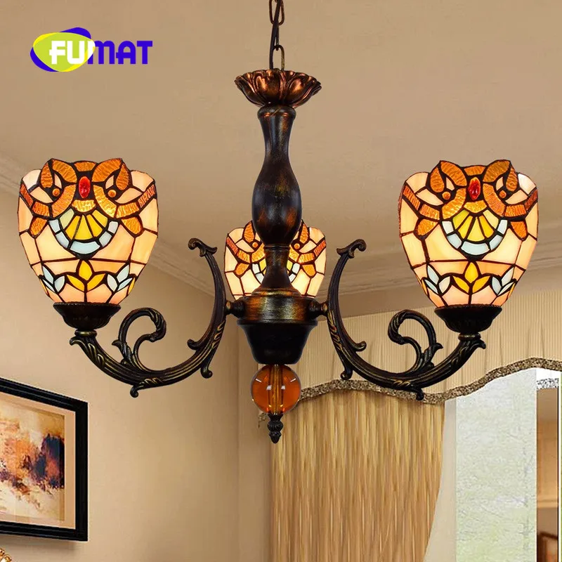 

FUMAT European Creative Tiffany Stained Glass Baroque Bedroom Restaurant Teahouse Cafe Three-headed Art Decoration Chandelier