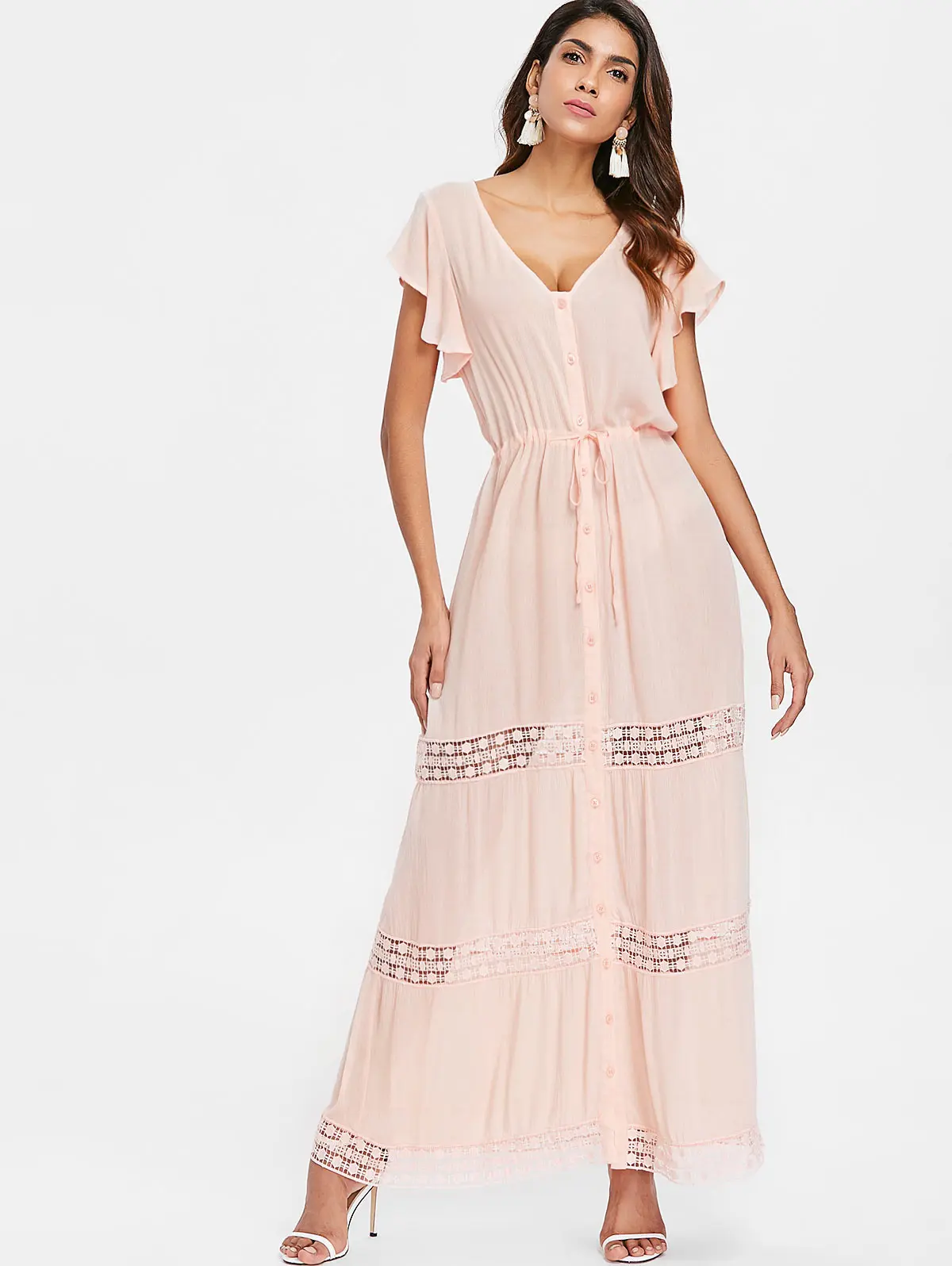 Kenancy Drawstring Button Down Maxi Dress Women Sexy V Neck Split Hem