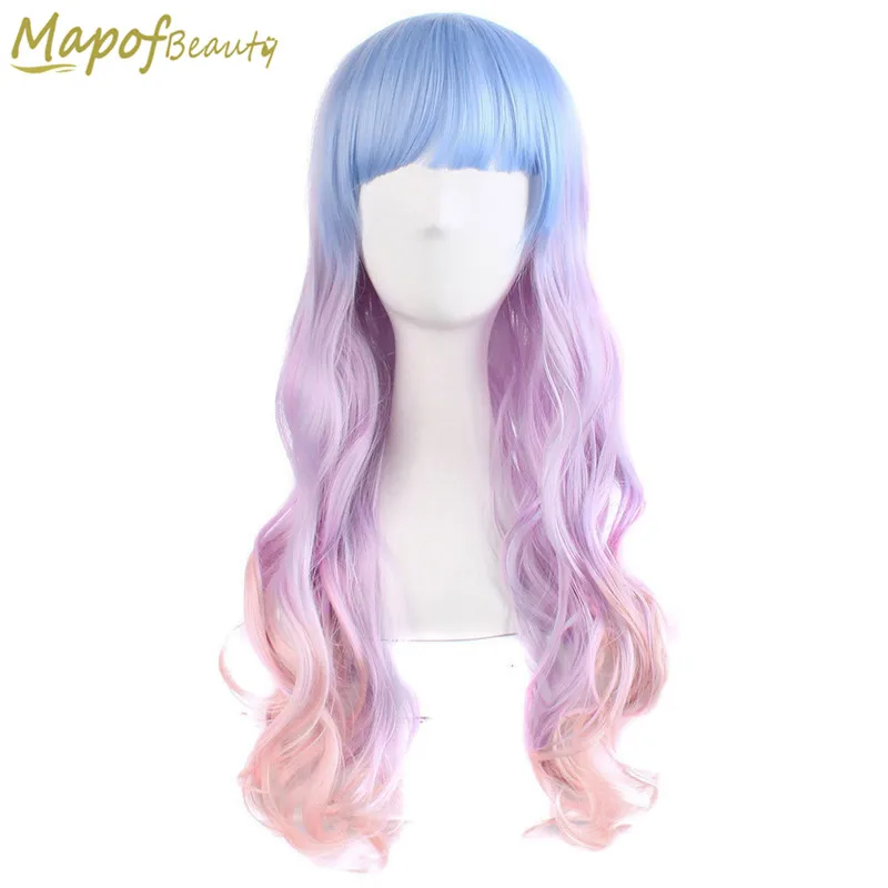 

28" Long Wavy Wigs Synthetic Hair Women Blue Mixed Purple Cosplay Wig Costume Party Female Heat Resistant Hairpieces MapofBeauty