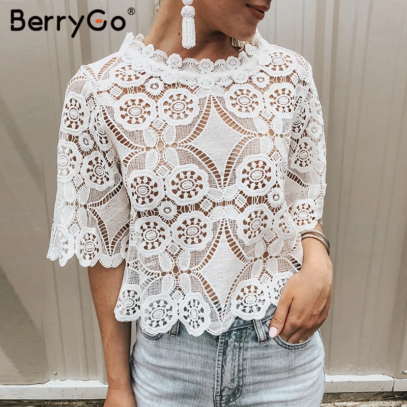 BerryGo Кружевная блуза с вышивкой летняя блузка рубашка женская 2019 цветочный