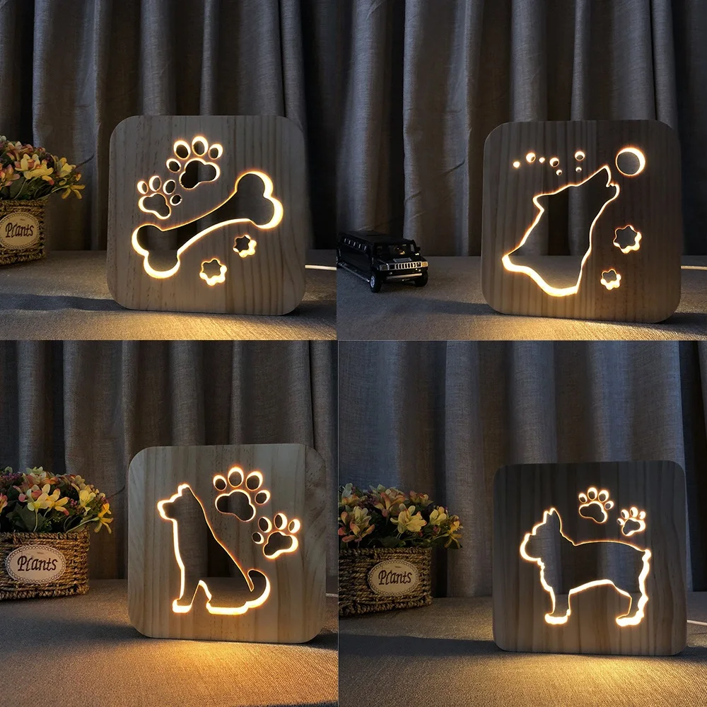 Firya Wooden Dog Paw Cat Animal Night Light French Bulldog Luminaria 3D Lamp USB Powered Desk Lights For Baby Christmas Gift