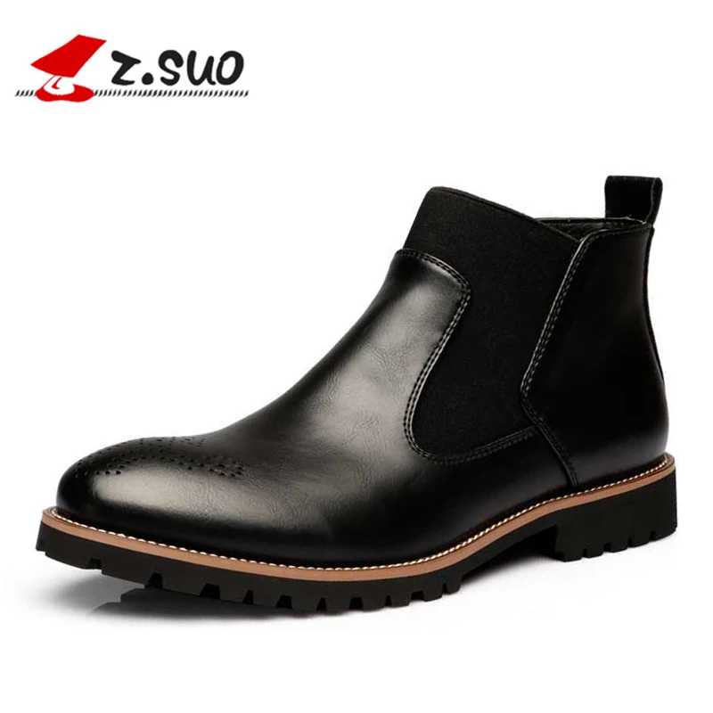

ZSUO Spring Mens Chelsea Leather Boots Men British Style Fashion Brogues Ankle Boots Black Winter Slip-on Soft Leather Shoes