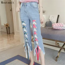 S-5xl Синие рваные заусенцев джинсы для Для женщин прямые шнуровке повязку джинсы брюки Boyfriend сексуальный лук брюки плюс Размеры