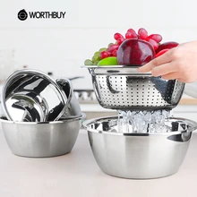 WORTHBUY 5Pcs/Set Stainless Steel Bowl Thickened Sliver Fruit And Vegetable Basin Salad Food Containers Kitchen Accessories