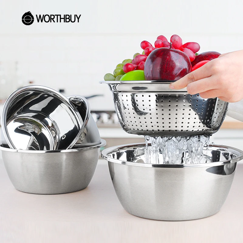 

WORTHBUY 5Pcs/Set Chinese Stainless Steel Mixing Bowl Set Kitchen Fruit Vegetable Bowl For Baking Egg Salad Bowl Food Containers