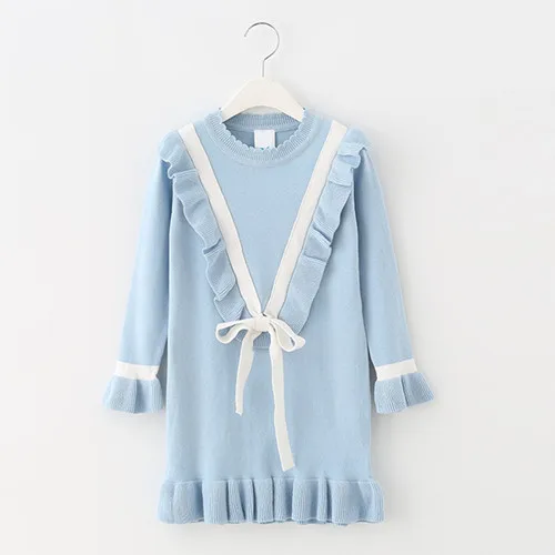 Трикотажное платье-свитер с длинными рукавами и рюшами для девочек от 4 до 14 лет Детские Модные осенне-зимние платья принцессы - Цвет: Синий