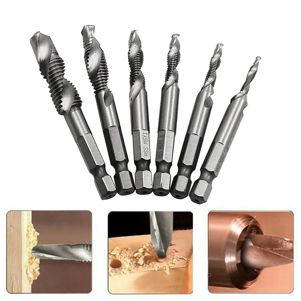 

Hex Shank High Speed Steel Compound Spiral Screw Thread Taps Drill Bit Tool step sharpening mini drill chuck