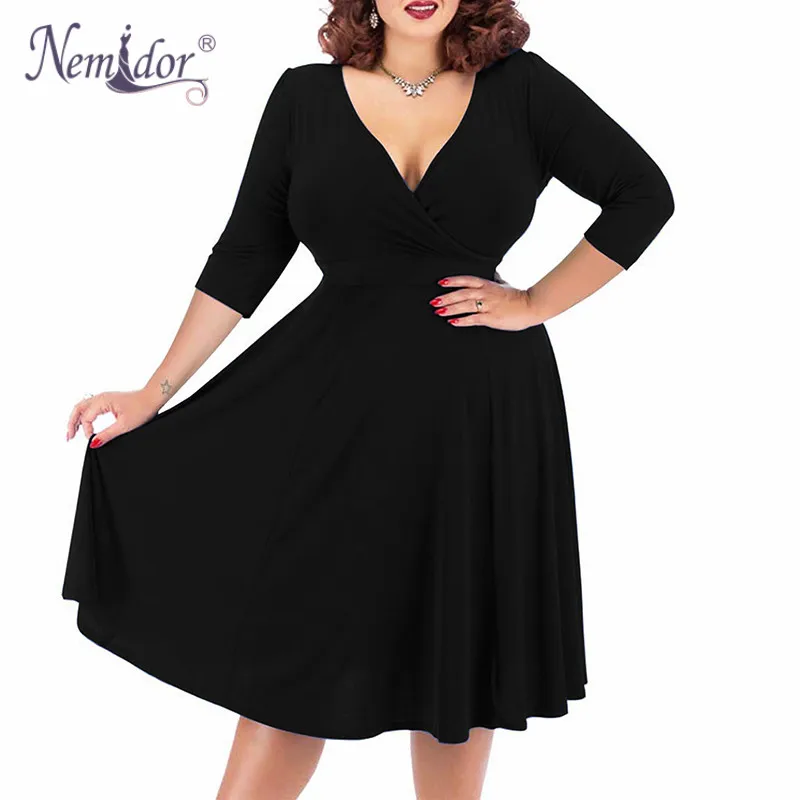 Goede Nemidor Vrouwen Sexy V hals Korte Mouw 50s Party A lijn Jurk Vintage Stretchy Midi Plus Size 7XL 8XL 9XL Cocktail swing Jurk