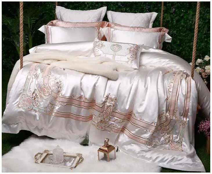 

White Silk Cotton Luxury Bedding Set Queen King size Bed set Egyptian Cotton Bed/Fitted sheet Duvet Cover Bed set parure de lit