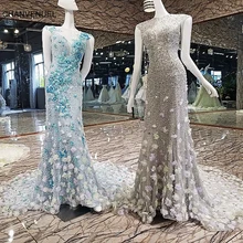 LS00135 Mermaid Evening Dress Long Shiny Sequins Zipper Back Flowers Blue and Grey Prom Dresses Abendkleider Real Photos