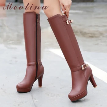 

Meotina Women Winter Boots Knee High Boots Platform High Heel Boots Buckle Zip Sexy Ladies Autumn Shoes White Large Size 42 43