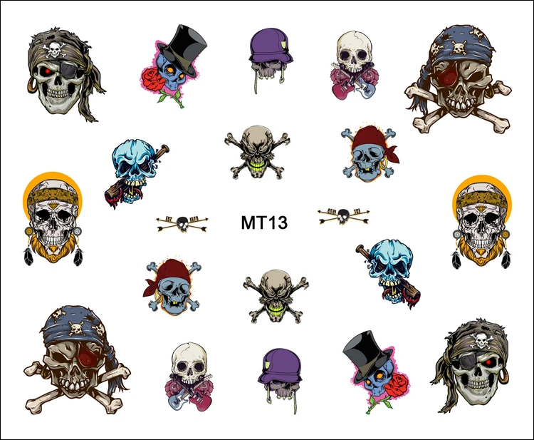 1 Sheet Nail MT13 Beauty Pirate Chief Skull Fashion Nail Art Water Transfer Sticker Decal For Tattoo Tips Tools