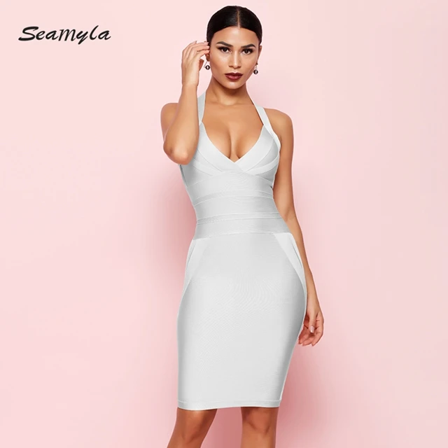 Seamyla летнее облегающее Бандажное платье без рукавов, женское новое белое сексуальное Клубное вечернее платье с v-образным вырезом, элегантное платье Vestidos - Цвет: As Photo