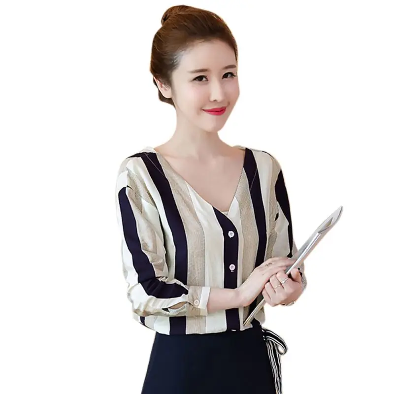 

Female Striped V-neck Top Long Sleeve Chiffon Women Blouse and Tops Vintage Ladies Clothing New Fashion Spring Autumn