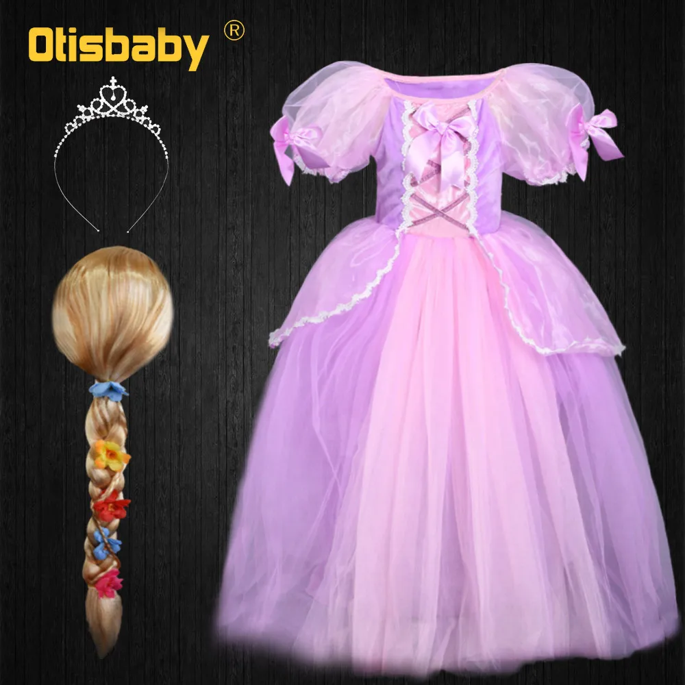 Рапунцель вечерние Хэллоуин платье Рапунцель детское розовое с буфами на рукавах 6-слойное бальное платье для девочек в стиле принцессы Софии; Платье Рапунцель парик Рапунцель для детей