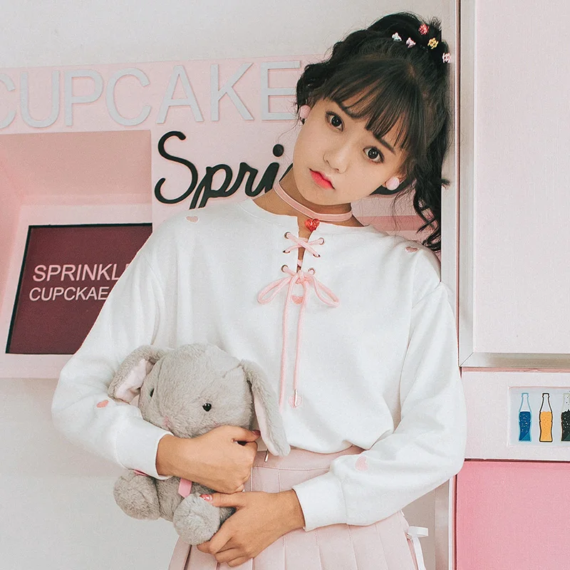 2020 Женская туника Свитшот в японском стиле Harajuku Ulzzang Love с вышивкой и галстуком