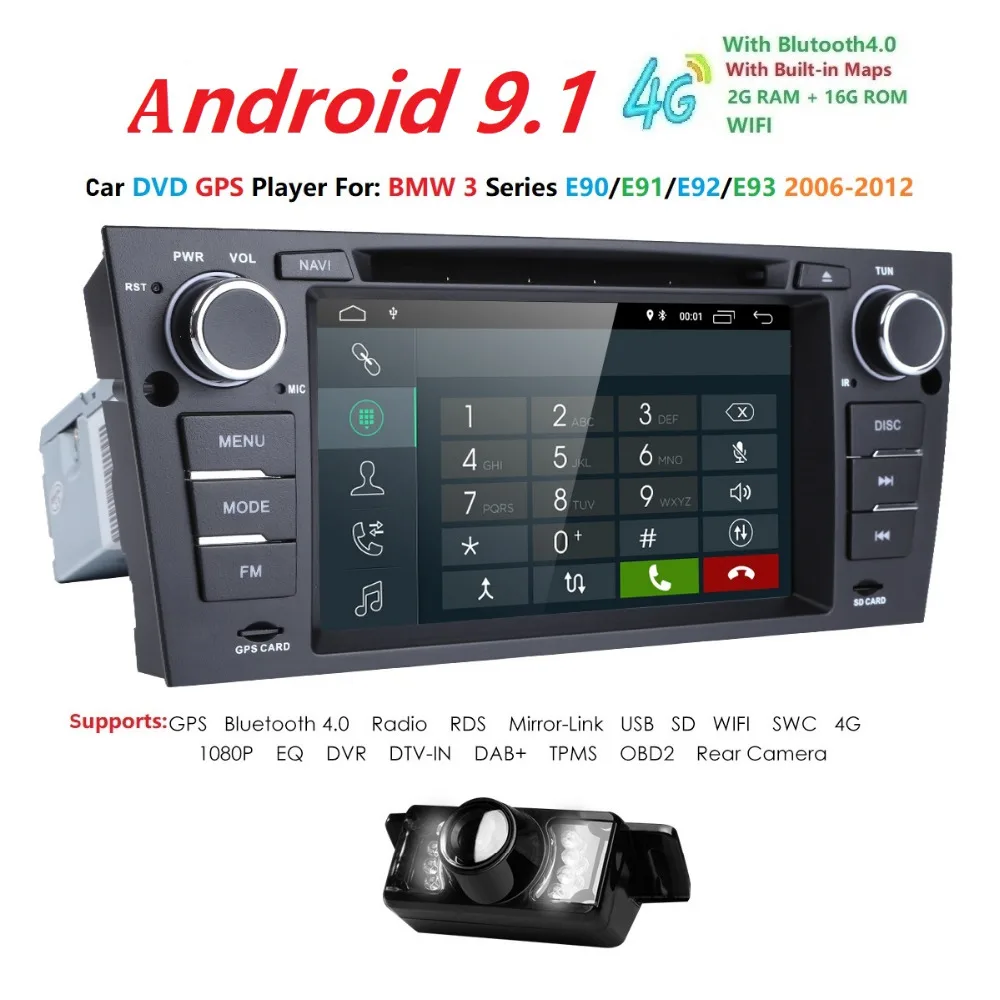 Excellent 1Din 4Core 7" Android 9 Car GPS Stereo Radio DVD Player For BMW E90/E91/E92/E93 Navigation SWC DVR RDS DVBT Bluetooth+Camera USB 4