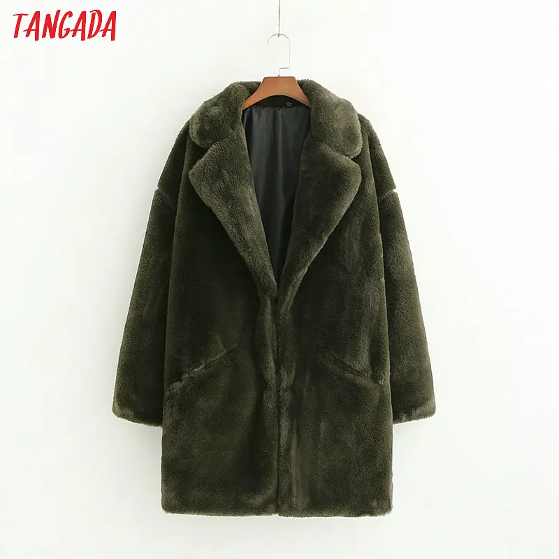 

Tangada women fake fur long coat winter female warm chic coat ladies pockets overcoat vintage outwear 1D09