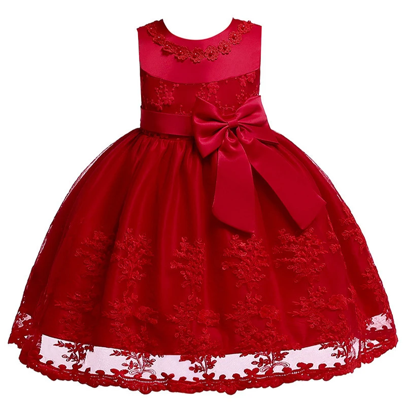 Red Embroidery Bow Lace Princess Dress Baby Girls Infant Sleeveless Silk Dresses Newborn Wedding