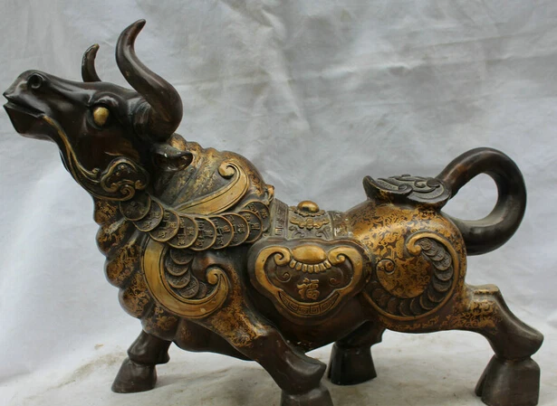 

JP S61 21" Chinese Bronze Wealth Fu Ru YI Folk Feng shui Zodiac Year Bull Oxen Statue