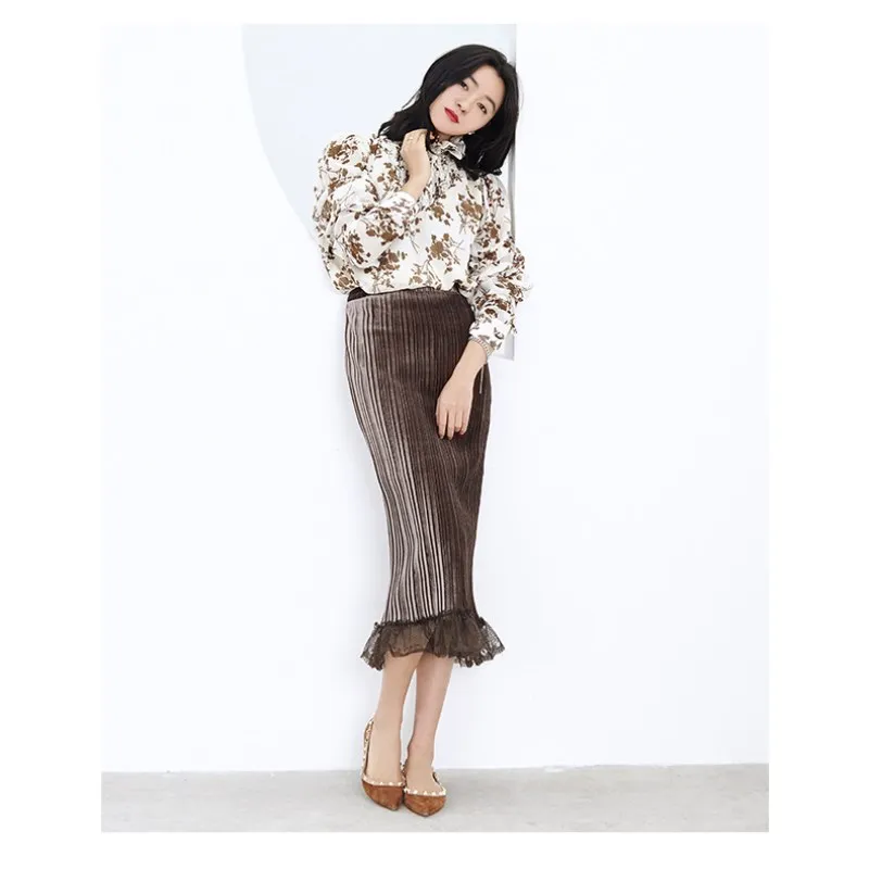 Осень и зима новое тонкое Корректирующее белье с высокой талией бархатная юбка сшивание кружева сплит кисточкой плиссированная Офисная Женская юбка
