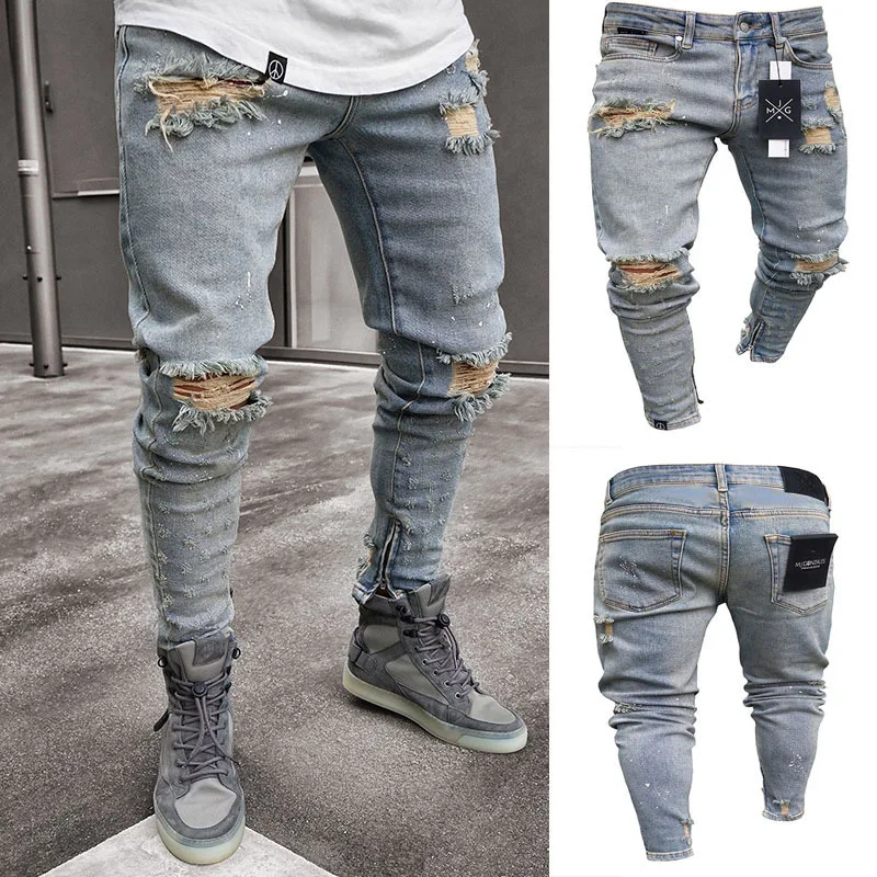 

2019 Spring Men's Ripped holes Denim Pants in small leg zipper jeans new men Plus Size Streetwear Skinny Biker Jeans A105