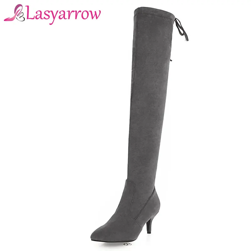 

Lasyarrow Shoes Women Zipper Botas Mujer Fashion Lace Up Over the Knee Boots Flock Long Boots Solid Sapatos Femininas Female
