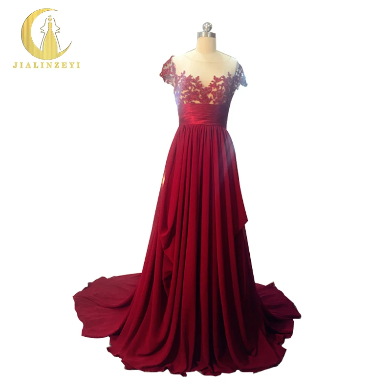 

Hot Sale Real Sample Image Rhine Sexy Top Lace Short Sleeves Chiffon with Cash court Train Evening Dresses