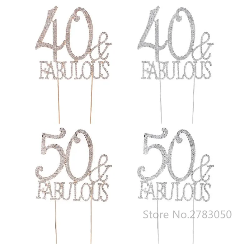 

40 50 & Fabulous 40th 50th Birthday Cake Topper Number Crystal Rhinestone Anniversary Party Decoration Cake Decorating Supplies