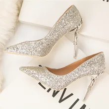 Ou Mo brand high quality sandals women?s High heels 10 cm Sequin Metal heel material Womens Party Shoes Nightclub Pump