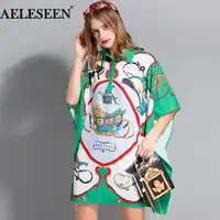 AELESEEN Luxury Batwing Sleeve Blouse Fashion 2018 Runway Summer Turn-Down Loose Top Multicolor Print Split Shirts For Women
