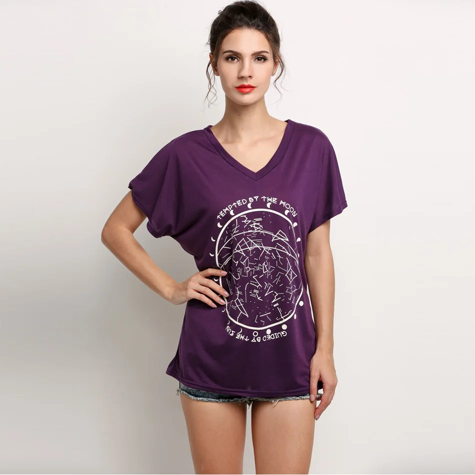 New Women T shirt Alien V-Neck Batwing Sleeve Print tops Casual Loose cotton Shirt For Lady purple Top Tees