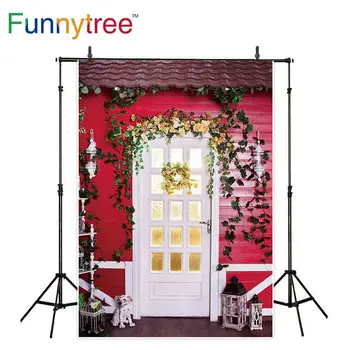 

Funnytree photography background red house outdoor leaves flowers decorations white wood door photo studio backdrops wallpaper