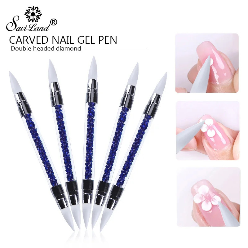 

Saviland Carved Nail Gel Pen UV Gel Double Headed Diamond Nail Art Brush Glitter Picker Pen DIY Manicure Salon Tools