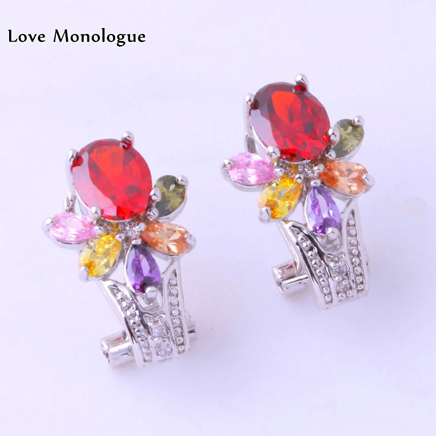 

Love Monologue Flower Style Red Imitation Garnet & Multicolor Cubic Zirconia Earring Womens Silver Color Clip Earrings J0055