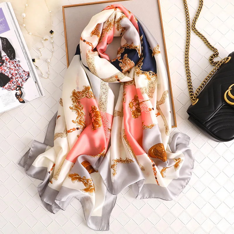 

Fashion Women 100% Pure Silk Scarf Female Luxury Brand Geometric Chain Shawls and Scaves Summer Beach Long Cover-Ups 180*90Cm