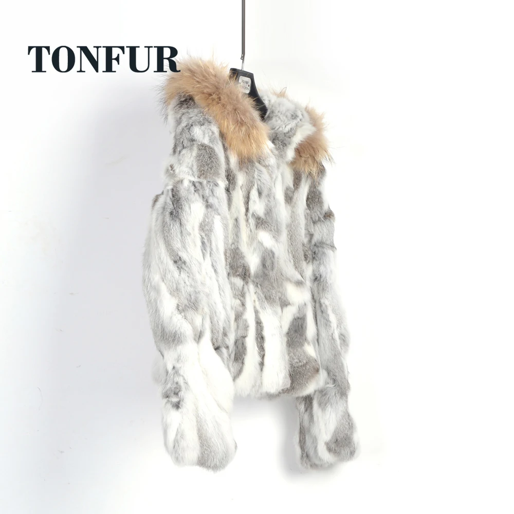 Abrigo de piel auténtica de conejo, chaqueta con capucha y cuello de piel de mapache Natural Real de lujo, chaleco con capucha, WSR262
