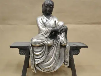 

12'' China Ksitigahba Buddhisattva Buddha Monk Sit Bench Silver Bronze Statue