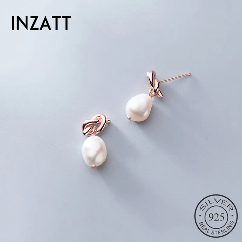 

INZATT Real 925 Sterling Silver Irregular Pearl Rope Knot Stud Earrings For Elegant Women Party Cute Fine Jewelry Accessories