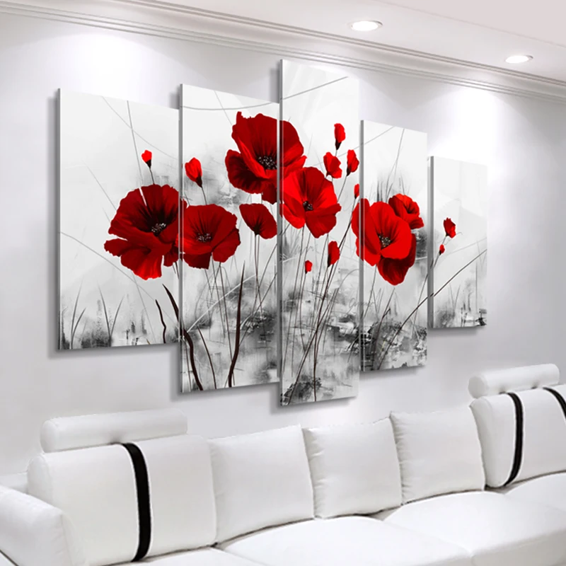 

Modern Canvas Painting 5 Pieces Combined Flowers Posters Abstract Red Poppy Canvas Printings Wall Pictures for Living Room