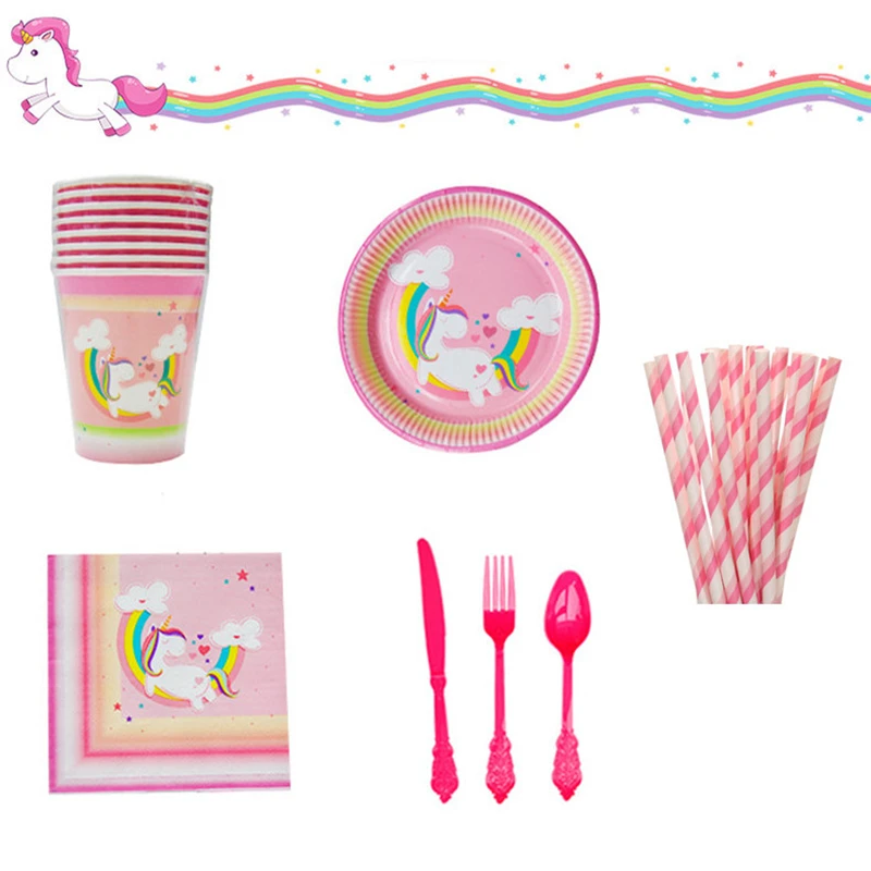 

16Sets Sweet Unicorn Theme Party Paper Plates Cups Napkins Straws Pink Plastic Cutlery Tableware Kits for First Birthday Party