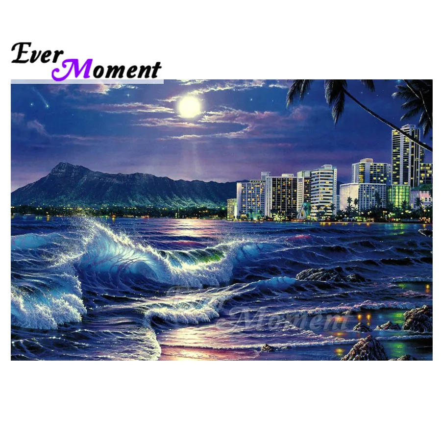 

Ever Moment Diamond Painting Decoration For Home Building Wave Night 5D DIY Full Square Drill Mosaic Diamond Embroidery 3F1496