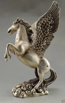 

Collectible Decorated Old Handwork Tibet Silver Carved Big Horse Flying Statue