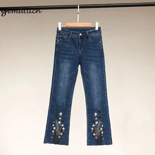 GEMUTLICH Большие размеры женские джинсовые брюки длиной до щиколотки вышитые джинсы эластичные расклешенные брюки винтажные размер 38 40