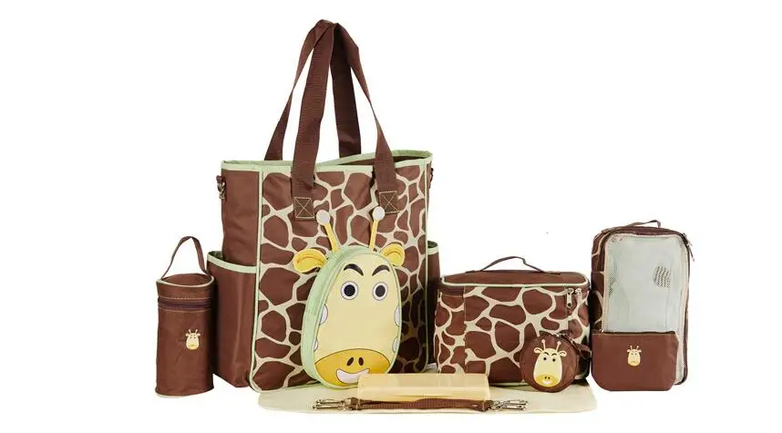 ФОТО 10 Pcs/Set Multifunctional Cartoon Baby Diaper Bag Mummy Travel Nappy Bag Portable Handbag Mother Stroller Bag Giraffe Pattern
