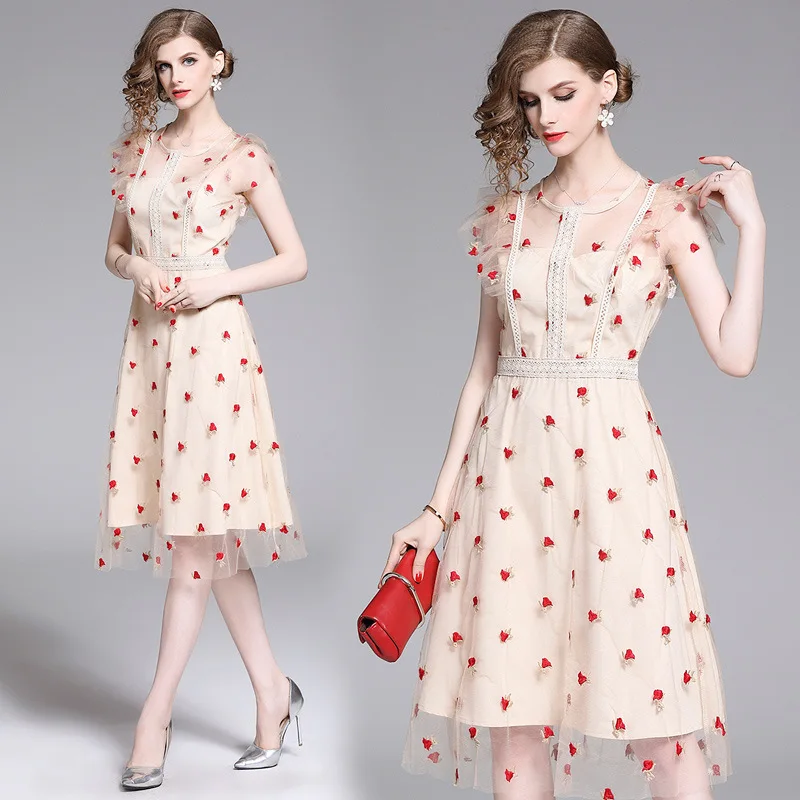 

Women Summer Dress Embroidery Floral Hollow Out Mesh Dress Elegant Female Bohemian Sweet Casual Knee-length Dress Vestidos
