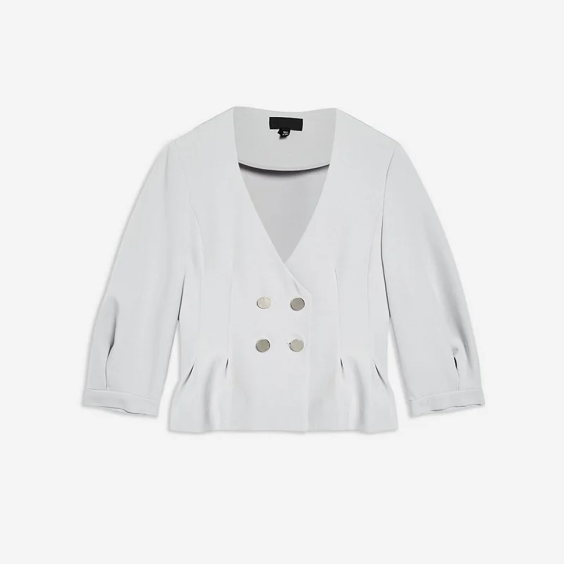 HYH HAOYIHUI Seven Point Sleeve Suit Coat Women 2018 Summer Autumn V-Neck Metal Double-Breasted Pleated Lantern Sleeve Coat