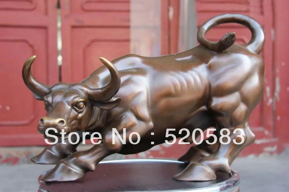 

free 13 Chinese pure Bronze Copper carved Wall Street Fierce Bull OX fengshui Statue fast